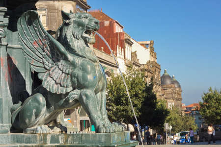 Porto, Portugal; Aug. 02, 2012. Streets of the city of Porto in summer. Sculpture of a fountain.のeditorial素材