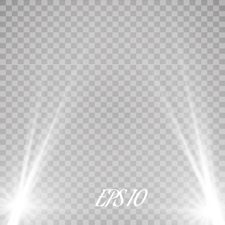 Set of glowing light effects with transparency isolated on plaid vector background. Lens flares, rays, stars and sparkles with bokeh collectionのイラスト素材