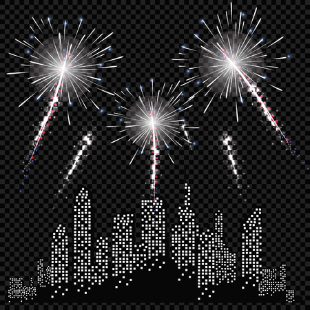 Festive patterned fireworks in the city, bursting in various forms, sparkling pictograms Abstract. New Year and birthdays. Vector illustrationのイラスト素材