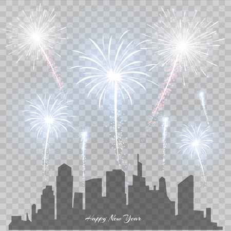 Festive patterned fireworks in the city, bursting in various forms, sparkling pictograms Abstract. New Year and birthdays. Vector illustrationのイラスト素材