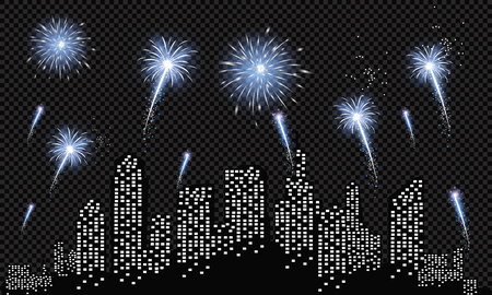 Festive patterned fireworks in the city, bursting in various forms, sparkling pictograms Abstract. New Year and birthdays. Vector illustrationのイラスト素材