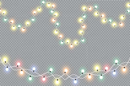 Glowing Christmas lights. Garlands, Christmas decorations lights effects. Happy New Year.のイラスト素材