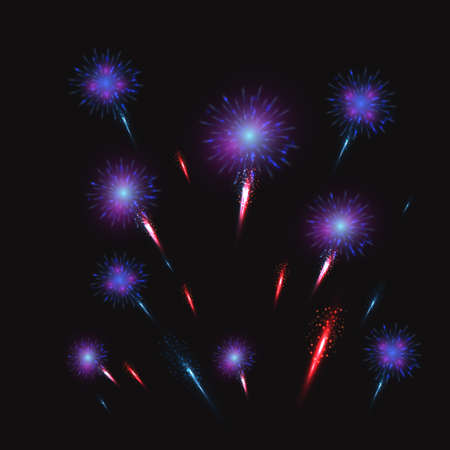 Festive patterned fireworks bursting in various shapes, glittering pictograms abstract. New year and birthdays. Holiday fireworks in dark sky. Vector illustrationのイラスト素材