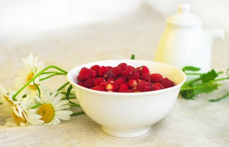          Wild strawberry in the white dish and     bunch of daisies                  の写真素材