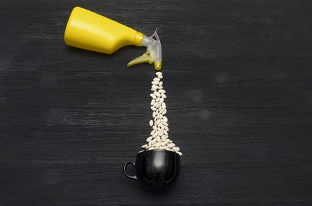 Seeds of white kidney beans are spilled (sprayed) from the hand sprayer bottle jar into a black cup...