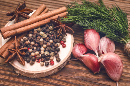 Garlic bulb, pepper peas, salt, greenery dill, star aniseed and cinnamon sticks on the brown wooden table background. Different Spices.の写真素材