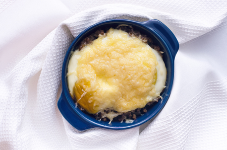 Buckwheat porridge with cheese and egg. Healthy food.の写真素材
