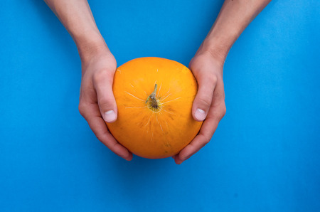 Hands is holding a fresh Melon isolated on the blue background.の写真素材