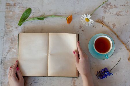 Old blank page book with copy space on rustic table background.の写真素材