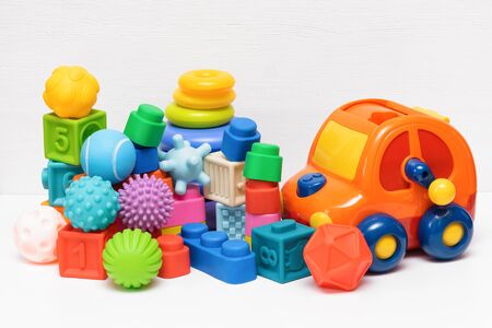 Various children toys on white background.の写真素材