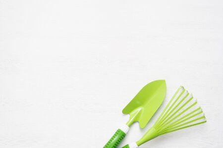 Gardening equipment and accessories on white wooden table background.の写真素材