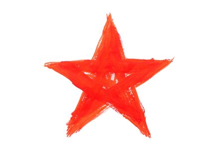 Red paint star made by gouache isolated on white background.の写真素材
