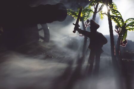 The pirate captain in the hat with raised up swords in the night fog concept.の写真素材