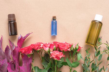 Various aromatherapy oil bottles flat lay abstract background.の写真素材