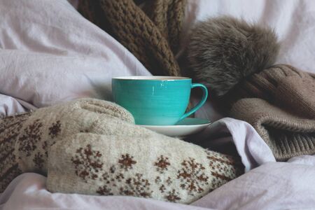 Flu sick woman in mittens warms up with hot tea with lemon.の写真素材