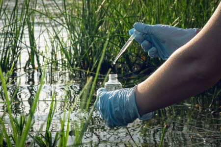 Water pollution concept. Woman scientist takes a water sample from polluted pond.の写真素材