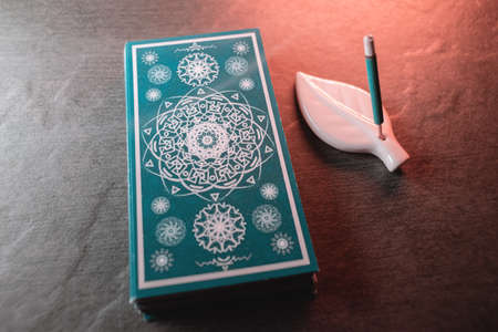 Tarot cards on the table top view background.
