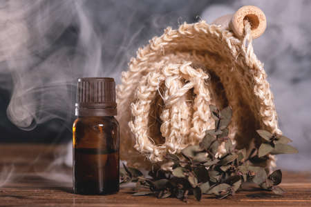 Bathhouse sauna concept background. Hygiene. Bath accessories on the table.の写真素材