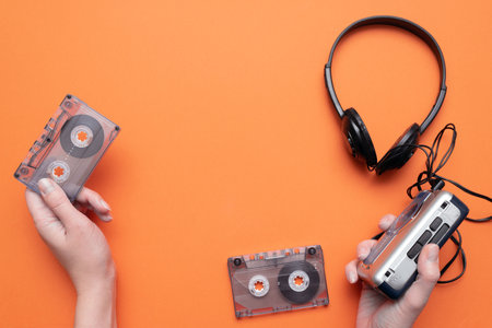 Old retro stereo cassette player and headphones on the orange flat lay background.の写真素材