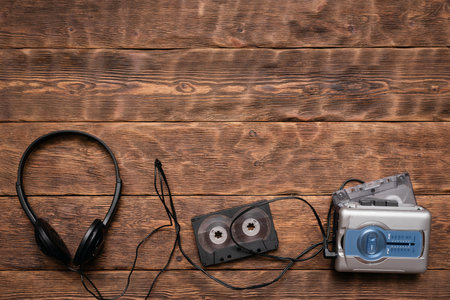 Portable retro stereo cassette player, old headphones and cassettes ont he brown wooden table background.の写真素材