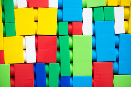 Children building kit abstract flat lay background.
