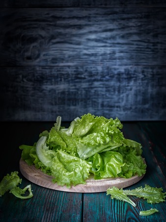 Lettuce leaves in ancient jug on wooden background, brick wall, style rustic, minimalism, vegetarian, Low keyの写真素材