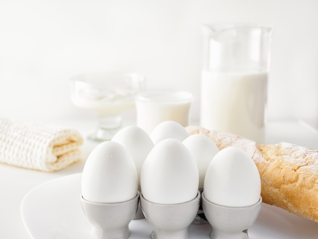 Still life breakfast, morning, protein products: milk, cottage cheese, sour cream, cream, cheese,...