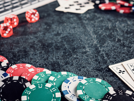 Set of poker chip or counter with card, dice computer.