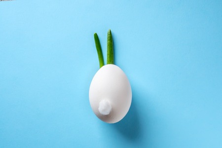 Egg shell and feathers green onion imitation rabbit bunny on blue colored paper background. Food...
