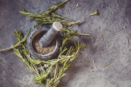 Branch Bunch Fresh Rosemary and dried Leaves Spice in mortar pounder Food Concept Grass Crop Spices Harvest Herbs for Medicine and Cooking on Gray Background Dark Key Low Keyの写真素材
