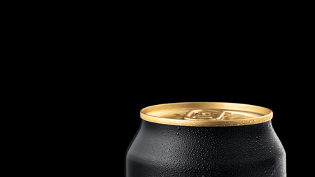 Close Up of Aluminum can of draught beer with drops advertising shot on black background with realistic reflectionの写真素材