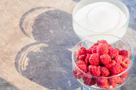 Glass of fresh raspberries and white sugar gardening gastronomy harvestの写真素材