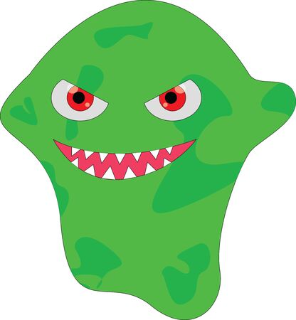 Corona virus emoticon. Drawing of green COVID-19 virus with red evil eyes and spiky teeth smile while infecting people with bacteria, disease and germs.のイラスト素材