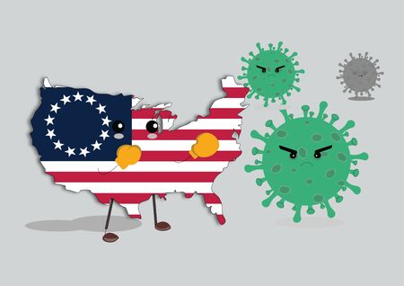 United States of America country fighting with corona virus. Illustration of American flag in the shape of the United States of America country, wearing boxing gloves and fighting with viruses and germs during pandemic.のイラスト素材