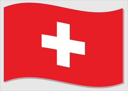 Waving flag of Switzerland vector graphic. Waving Swiss flag illustration. Switzerland country flag wavin in the wind is a symbol of freedom and independence.のイラスト素材