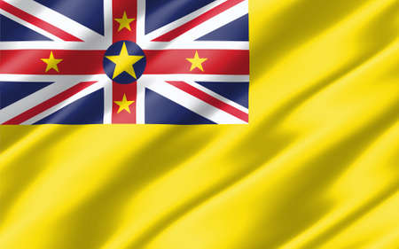 Silk wavy flag of Niue graphic. Wavy Niuean flag illustration. Rippled Niue country flag is a symbol of freedom, patriotism and independence.の写真素材