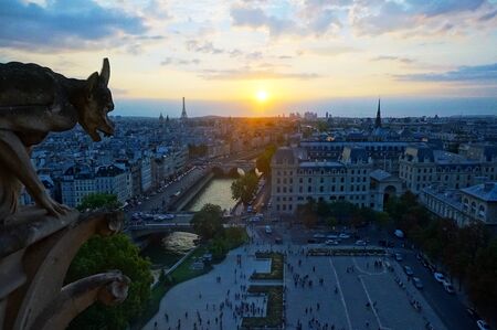 View from Notre Dame Cathedral towers at sunsetの写真素材