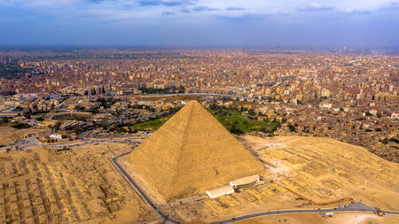 Aerial Landscape view of Pyramid of Khufu, Giza pyramids landscape. historical egypt pyramids shot by drone.の写真素材