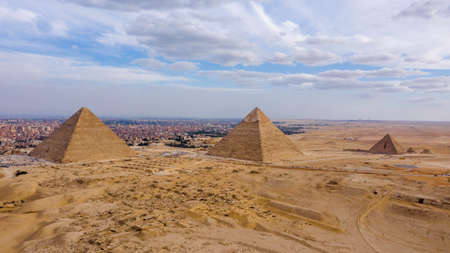 Aerial landscape view of Giza pyramids in Egypt shot by drone.の写真素材
