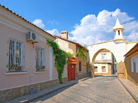 One of the streets in the historical part of Evpatoria, Crimea, Ukraine. の写真素材