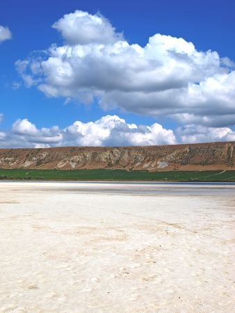 Salt lake, mountain and cloudy sky. Crimea. Koktebel. Ukraine の写真素材