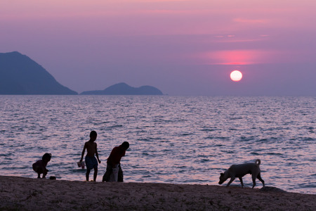 Girl and boys removing garbage by the beach.の写真素材