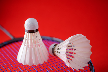 Shuttlecocks on badminton racket against red background.の写真素材