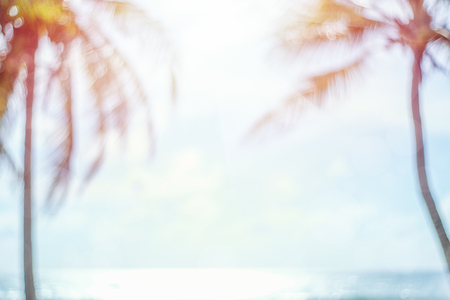Blurred image of sea and coconut tree with sun rays. Concept of beach in summer.の写真素材
