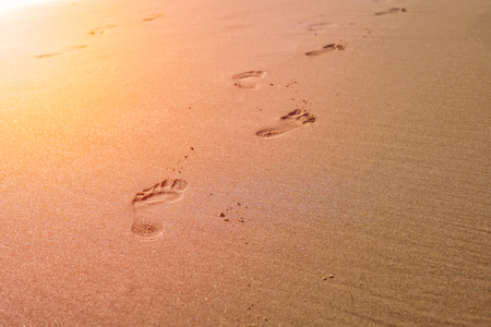 Footprints in the sand beach at sunset time.の写真素材