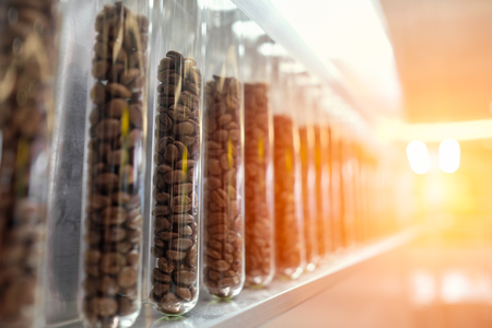 Coffee bean in glass tubes with sunlight.の写真素材