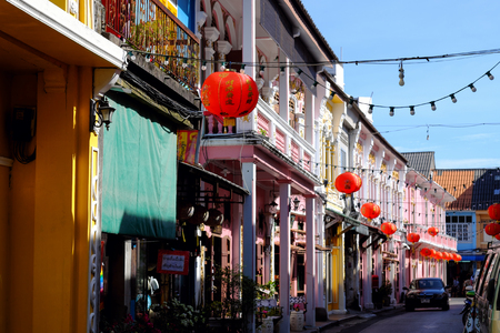 PHUKET, THAILAND - MARCH 01, 2018:   Sino-Portuguese Architecture in Phuket old town. Thailand.のeditorial素材