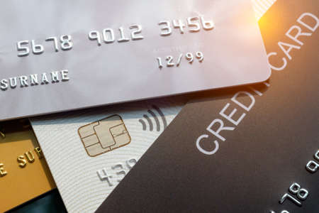 Stack of credit cards, close up.