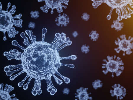 Coronavirus COVID-19, Coronavirus 2019-nCov novel coronavirus concept resposible for SARS-CoV-2 outbreak. Microscope virus close up. 3d rendering.の写真素材