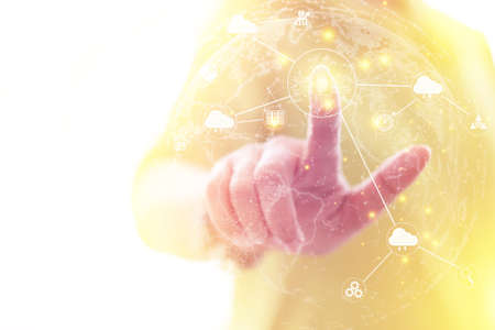 Woman hand touching on the virtual screen for fingerprint scanning provides security access with biometrics identification, Innovation, Internet Cyber security concept, Finger scan print login.の写真素材